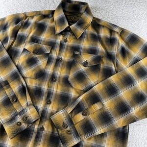 New Dixxon Men's Flannel Fxck Cancer Gold Black Plaid Button Up Biker Punk Sz L